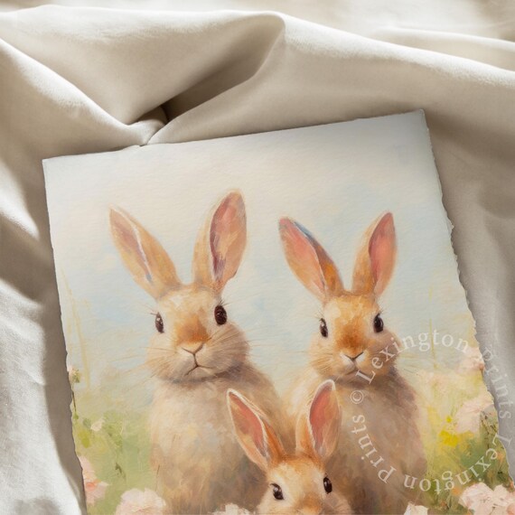 Three Bunnies Close Up Watercolor Spring Rabbit Family Wall Art