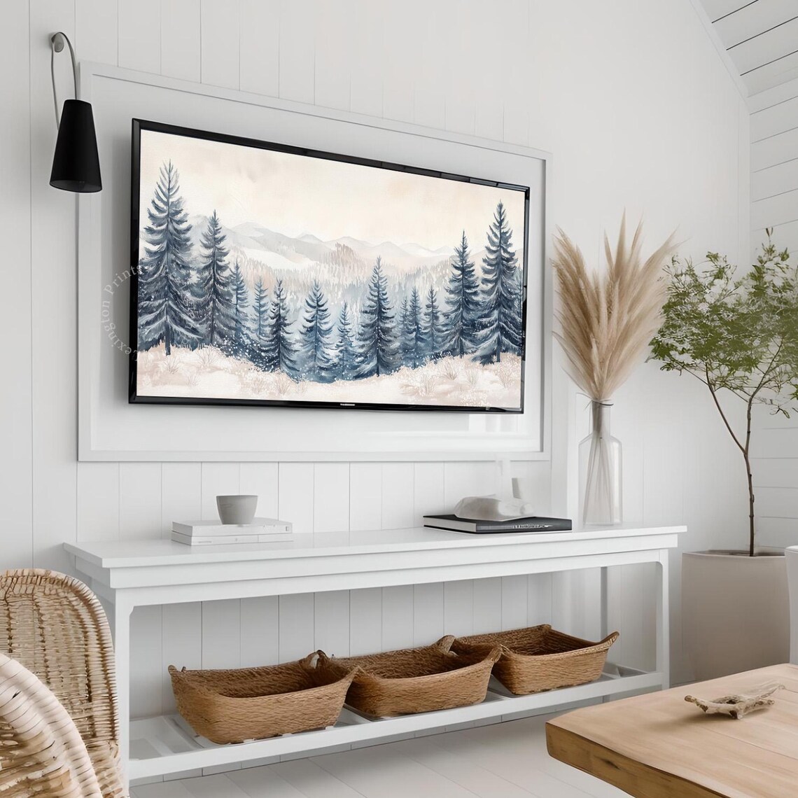 Snowy Pine Forest Under Misty Mountains Watercolor Winter Scene Poster - Image 4