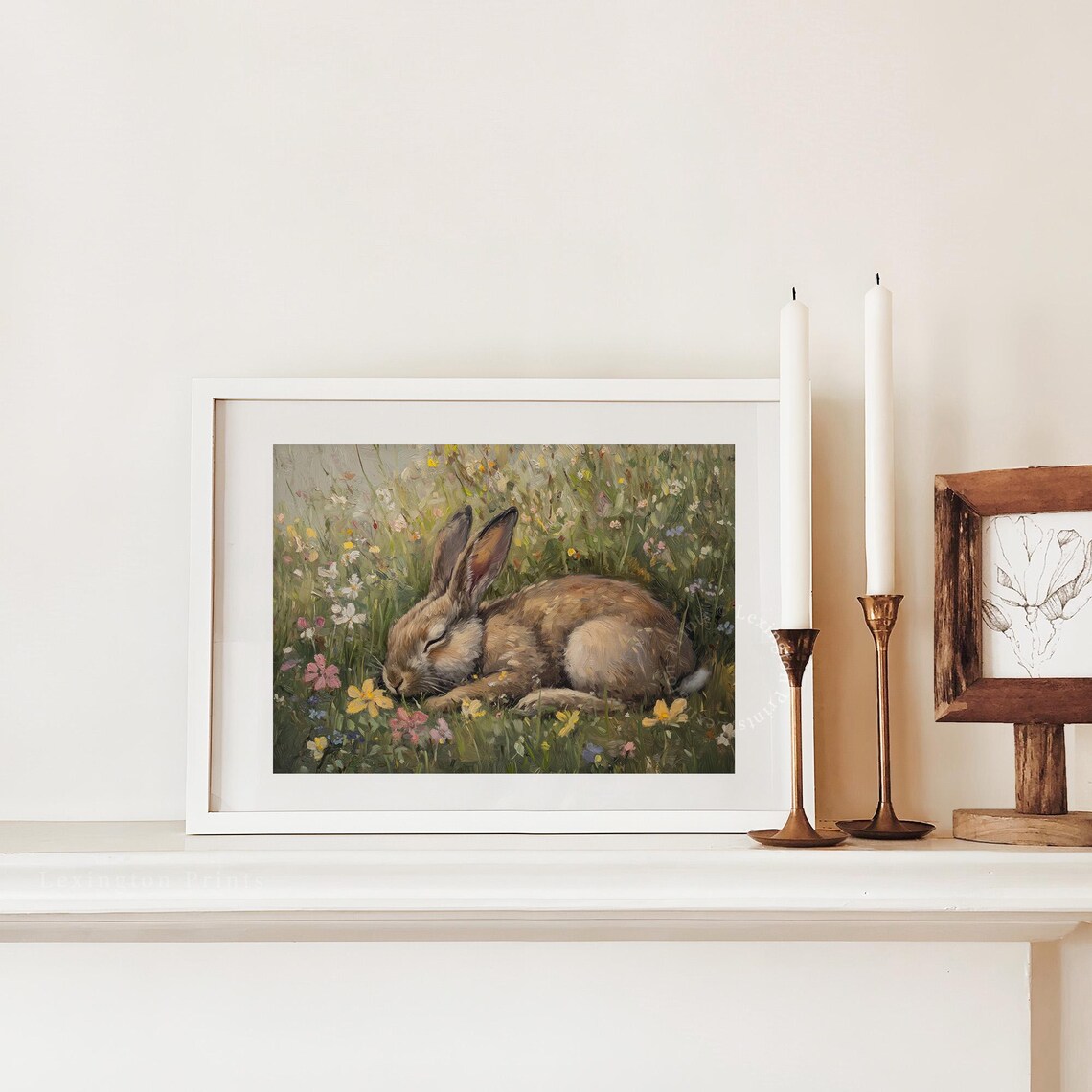 Sleeping Brown Rabbit Resting in a Wildflower Meadow Painting Art Print - Image 3