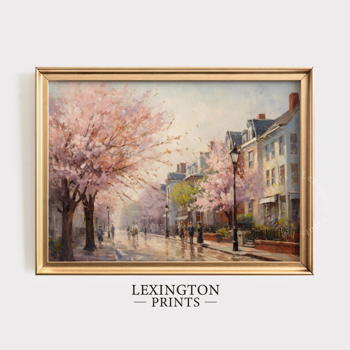Cherry Blossom Street with Historic Townhouses Spring City Poster