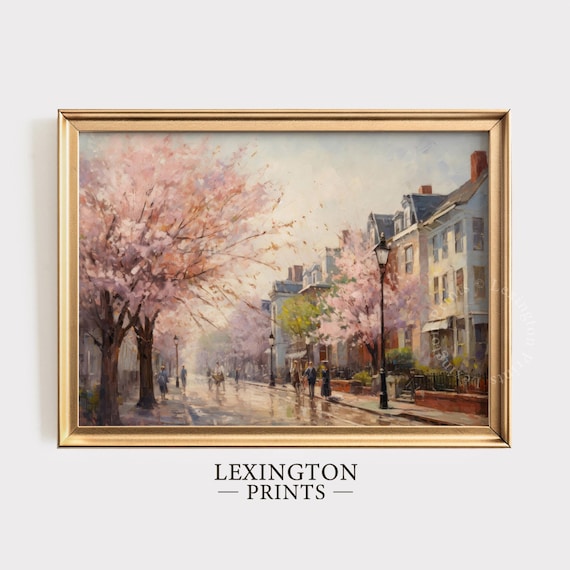 Cherry Blossom Street with Historic Townhouses Spring City Poster