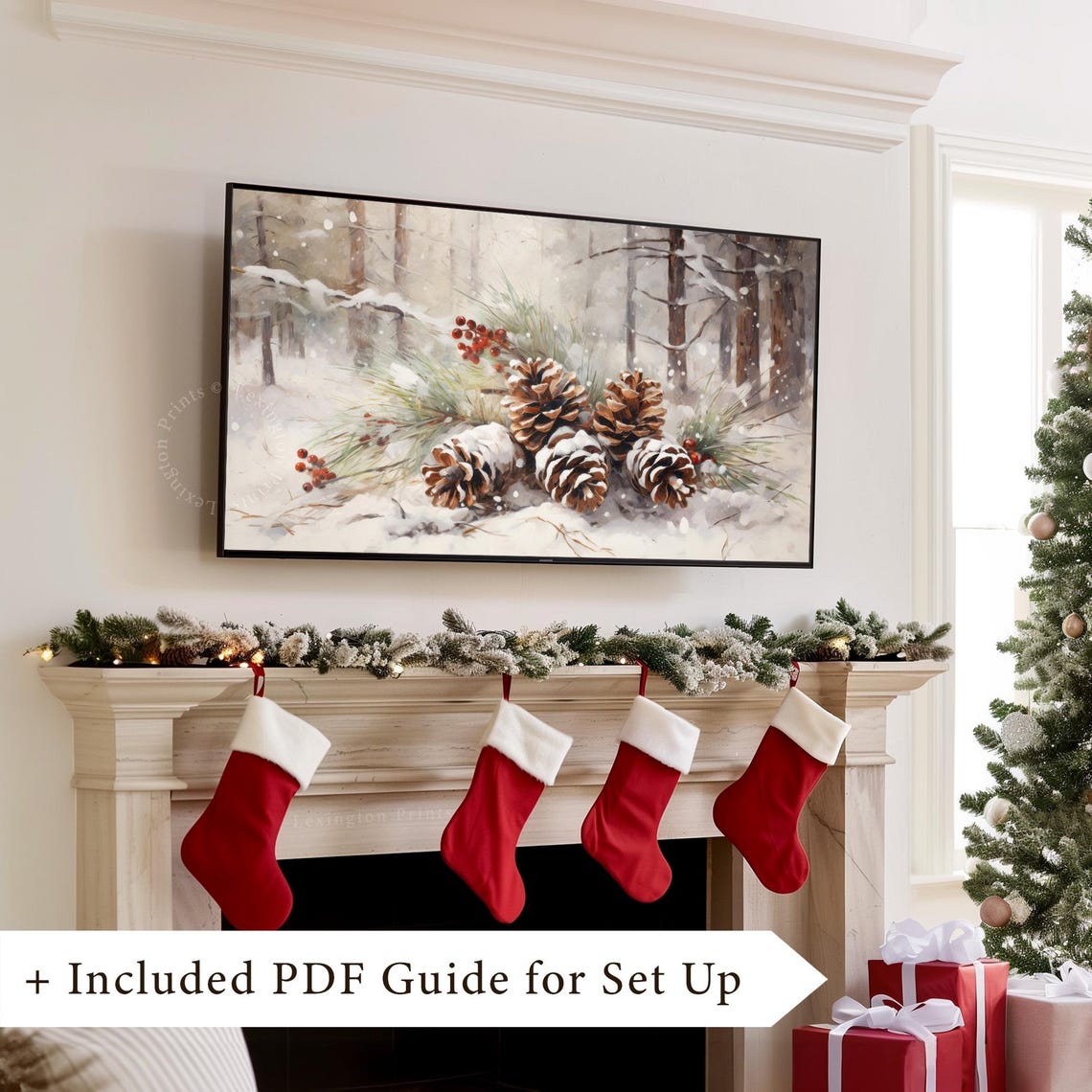 Snow Covered Pinecones and Red Berries Winter Forest Scene Poster - Image 7