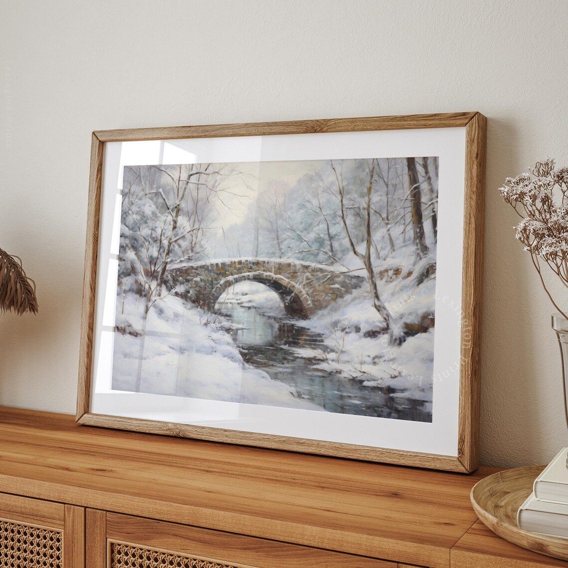 Snowy Stone Bridge Winter Landscape Painting Vintage Wall Art - Image 8