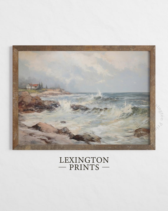 Dark Coastal Oil Painting Vintage Coastal Landscape Painting Ocean Wall Art Beach Print Moody Summer Print Coastal Print 682