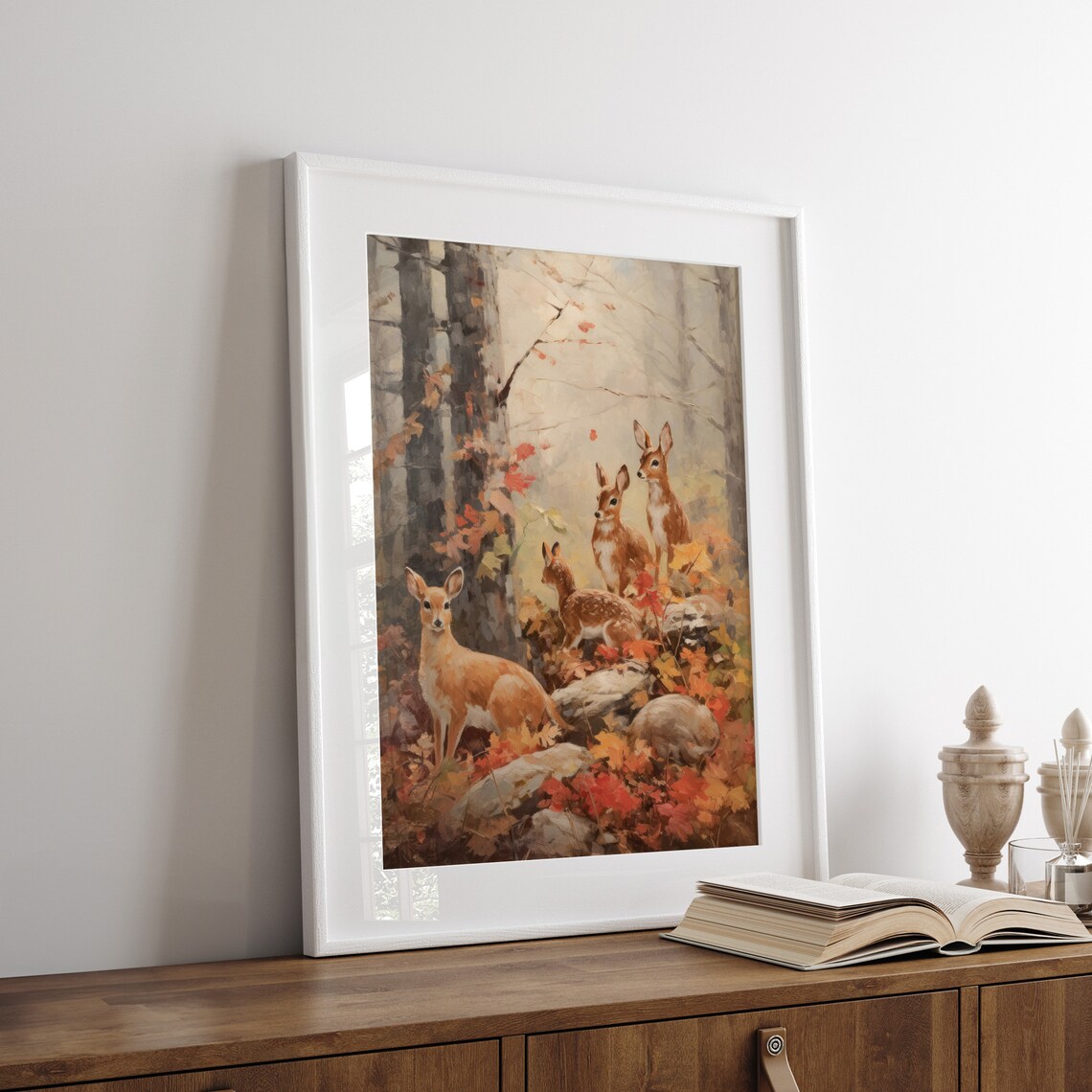 Fawn Family Among Red Autumn Leaves Misty Forest Fall Wildlife Wall Art - Image 7