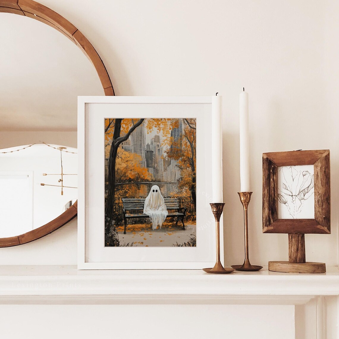 Lonely Ghost on Bench in Autumn City Park Oil Painting Fall Poster - Image 4