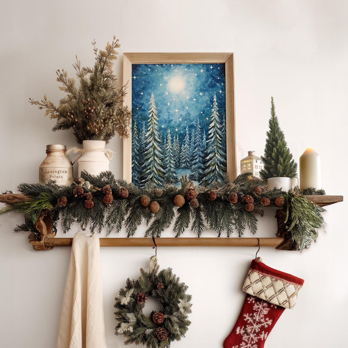 Starry Night Winter Forest with Snowy Pines Christmas Moon Wall Art - Image 6