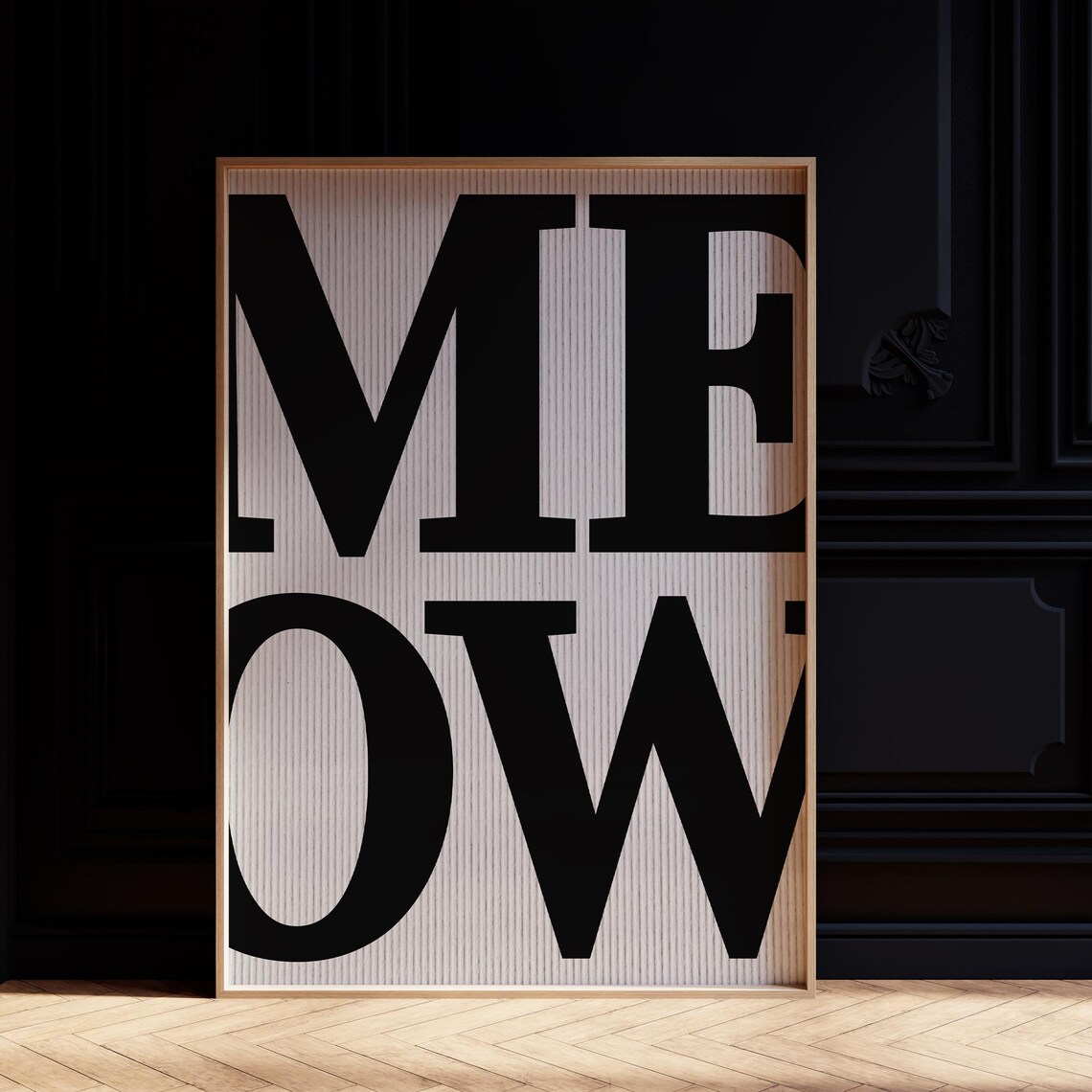 Meow Giant Bold Black Letters Minimalist Cat Lover Wall Art Print