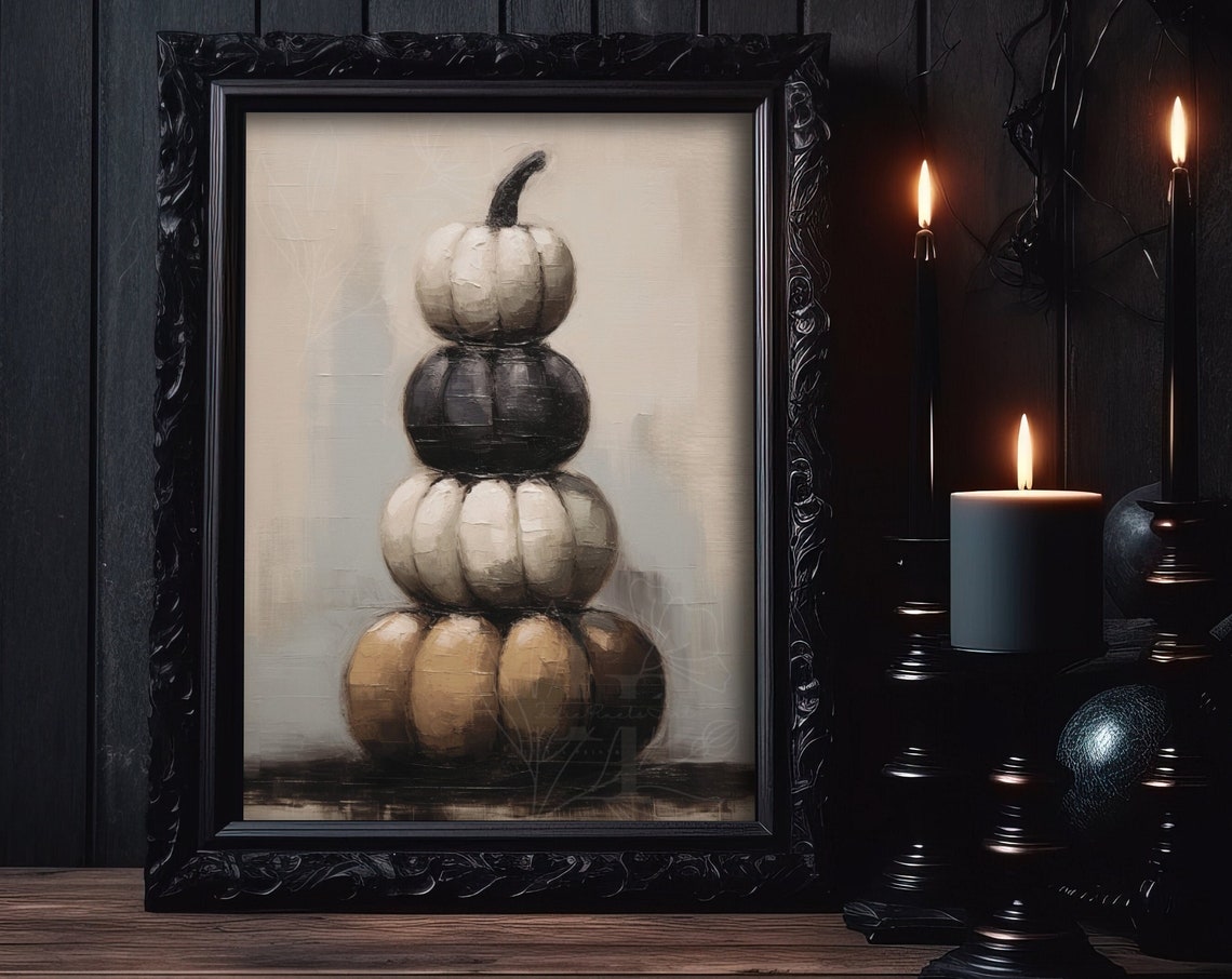 Stacked Pumpkin Topiary in White Black and Tan Halloween Wall Art - Image 3
