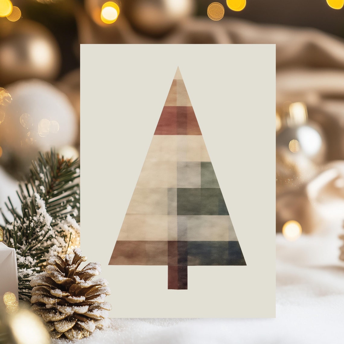 Modern Patchwork Christmas Tree Card Minimalist Holiday Art Print