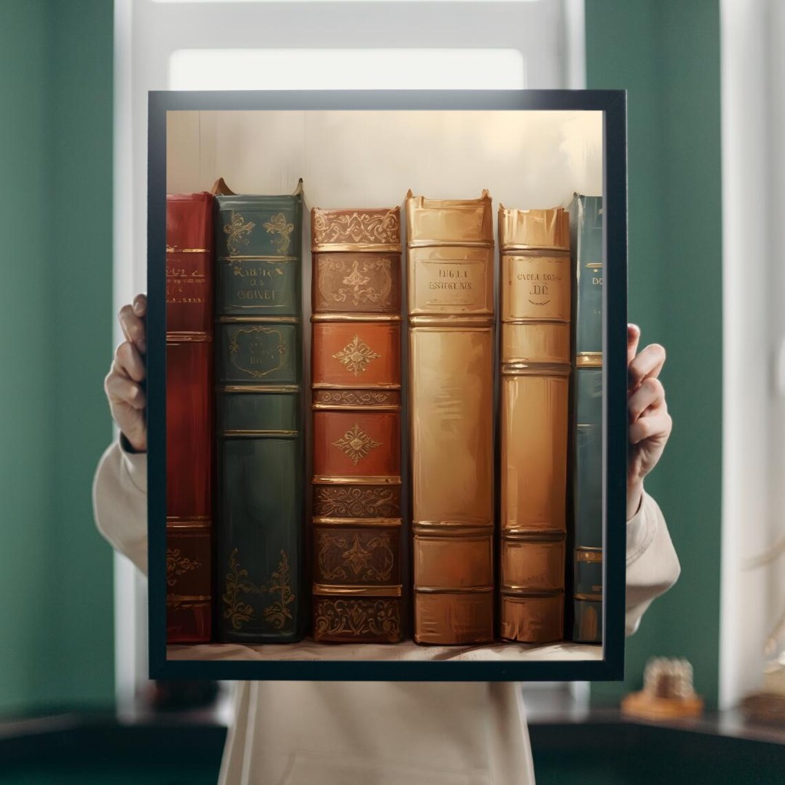 Vintage Leather Book Spines Library Shelf Still Life Study Poster - Image 4