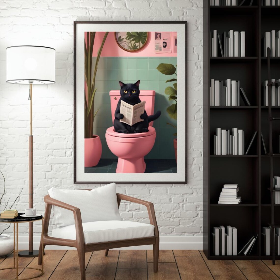 Black Cat Reading Paper on Pink Toilet Bathroom Funny Poster - Image 2