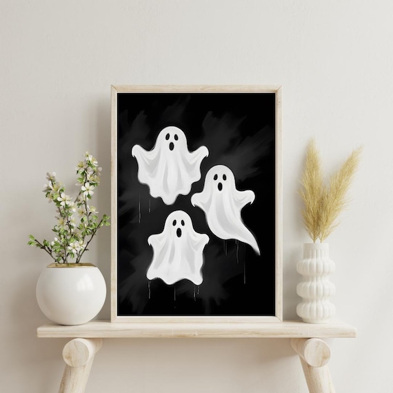 Three Cute Friendly Ghosts Floating Spooky Halloween Night Poster