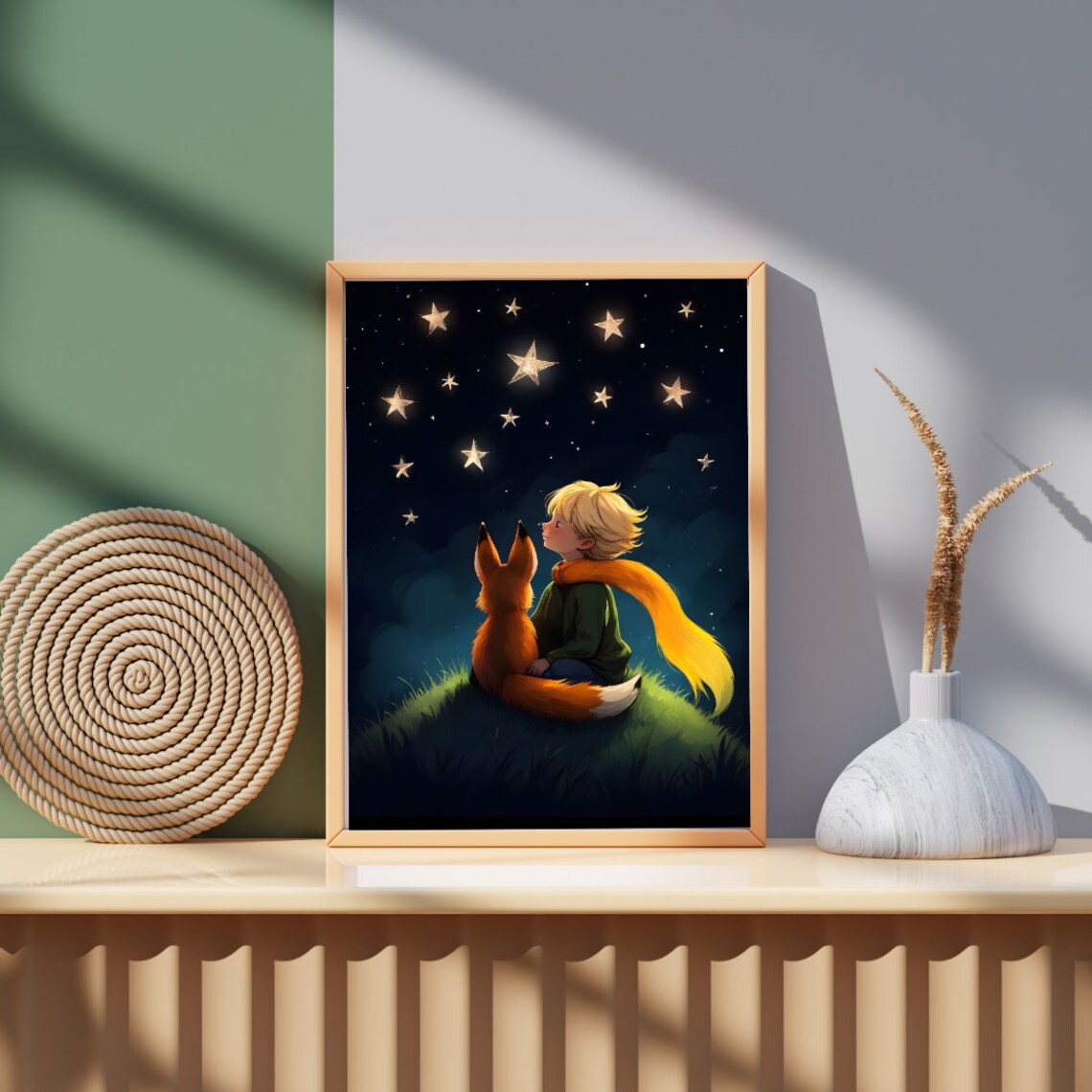 Boy and Fox Stargazing Whimsical Night Sky Nursery Art Poster - Image 3