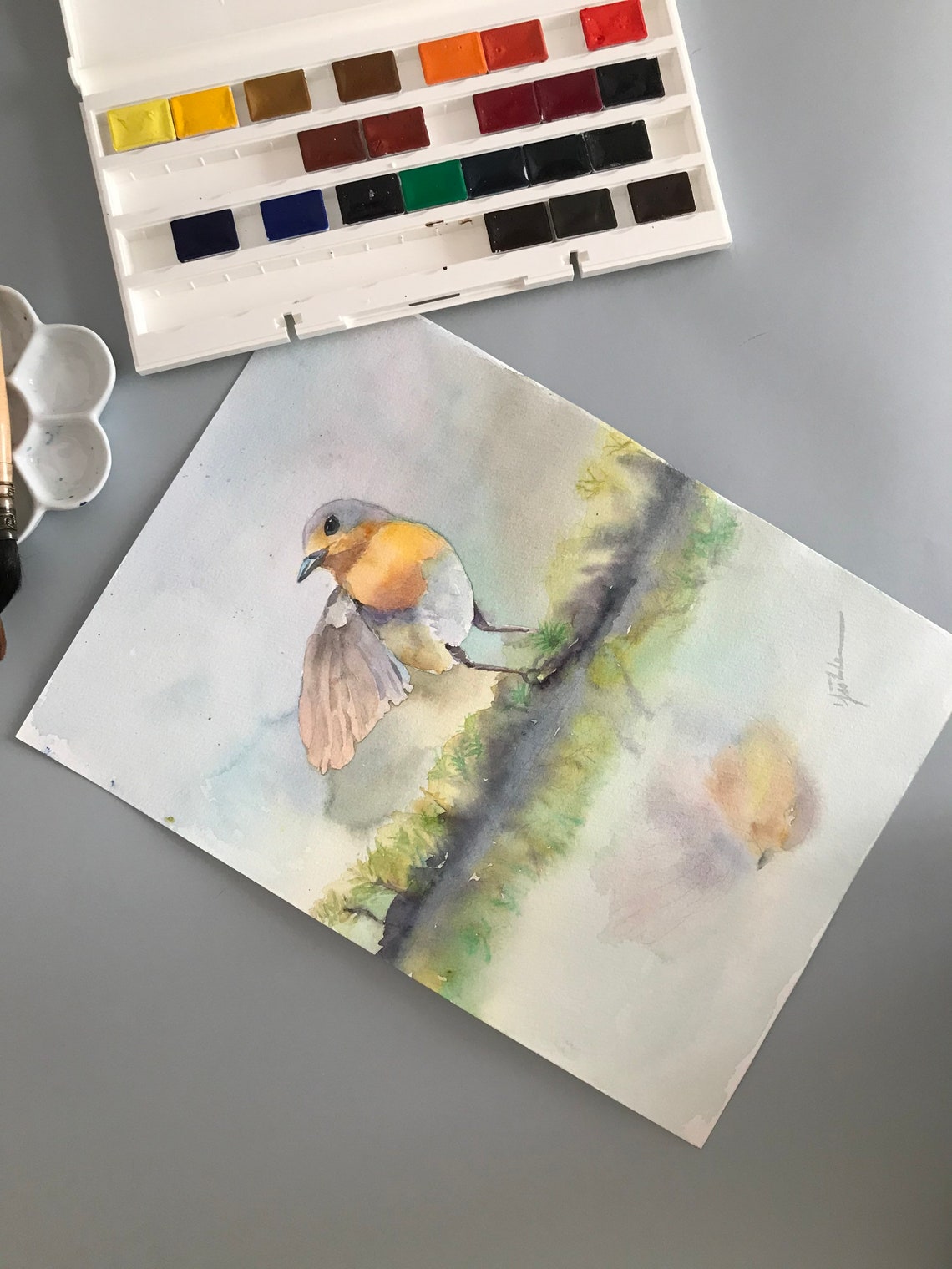 European Robin Stretching Wings by Water Watercolor Bird Poster - Image 3