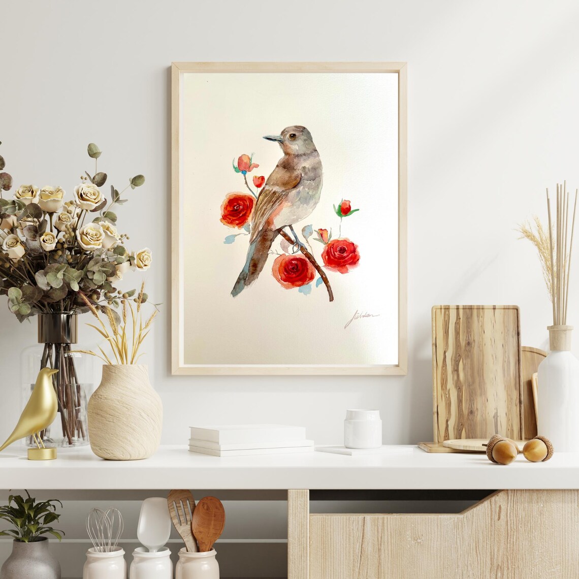 Songbird Perched Among Red Roses Watercolor Bird and Flower Poster - Image 7