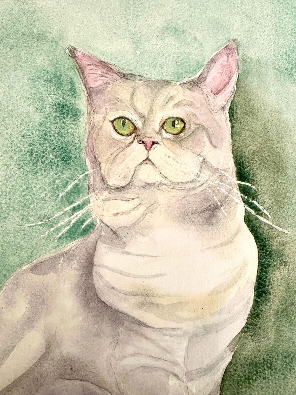 Silver Grey Cat with Green Eyes Watercolor Pet Portrait Poster - Image 4