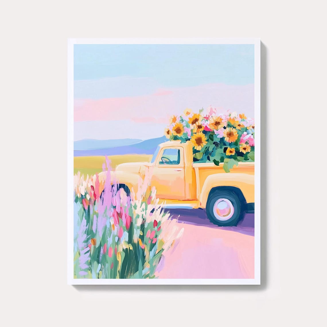 Vintage Yellow Truck With Sunflowers Pastel Farmhouse Wall Art