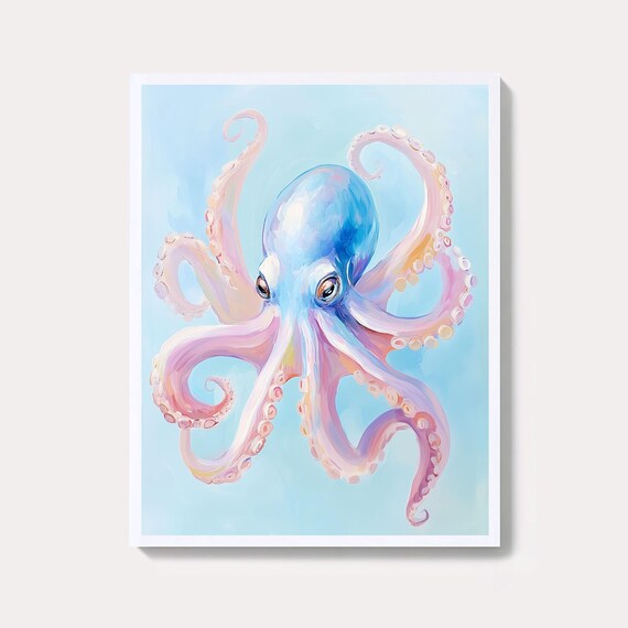Watercolor Octopus Print Black White Coastal Wall Art