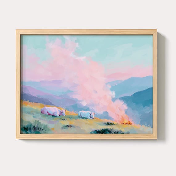 Pastel Mountain Landscape Print Oversized Living Room Wall Art