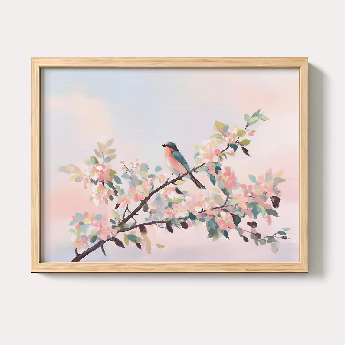 Pastel Songbird On Blossom Branch Pink Floral Cottage Garden Poster