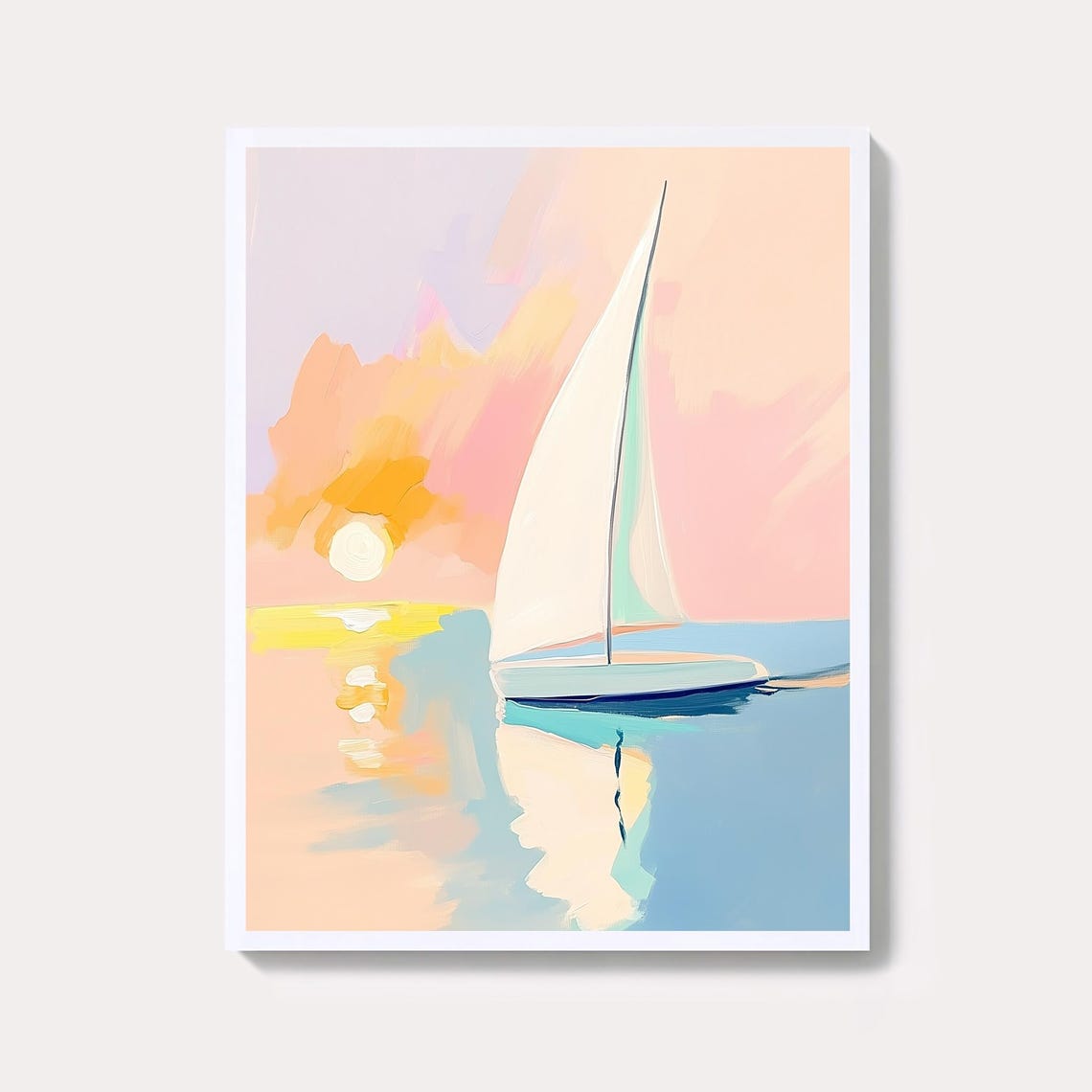 White Sailboat At Pastel Sunset Calm Sea Watercolor Art Poster