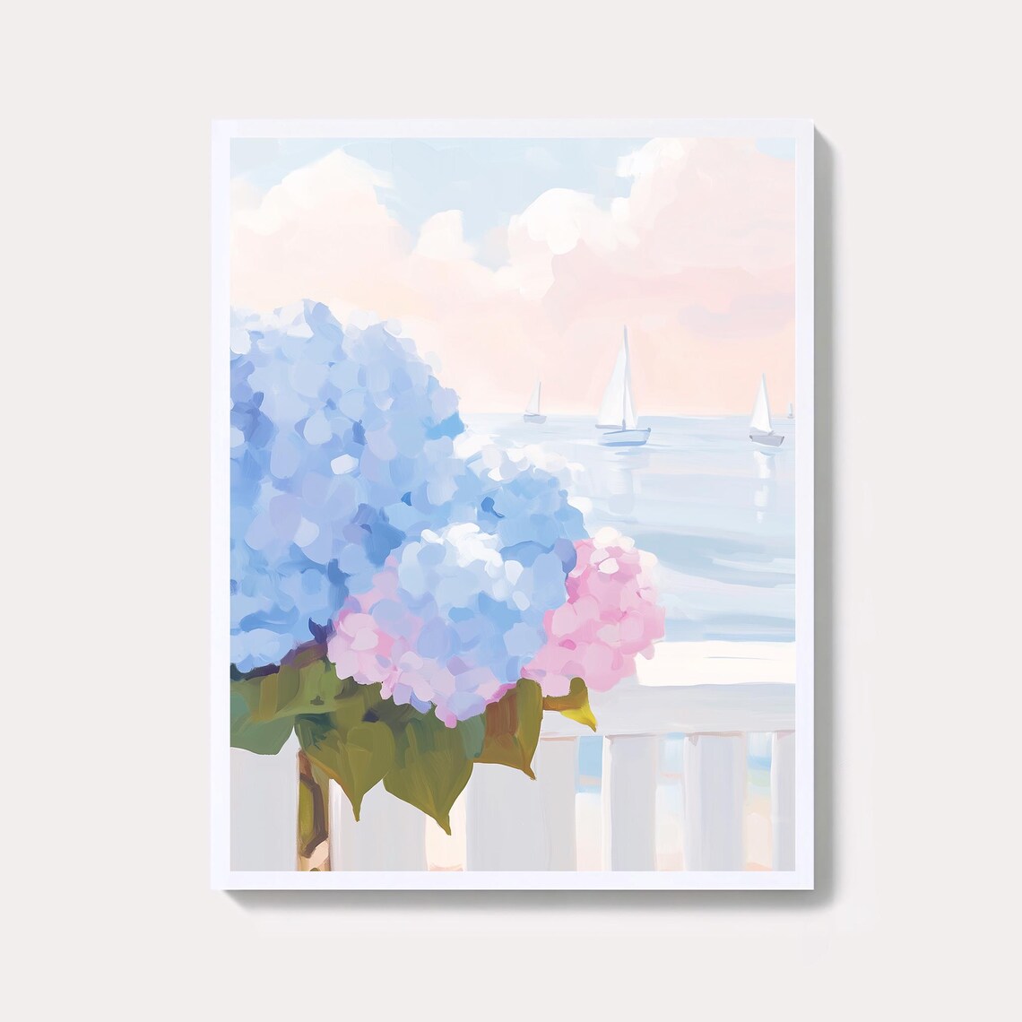 Pastel Sailboats Beyond Blue And Pink Hydrangeas Coastal Balcony Art Poster