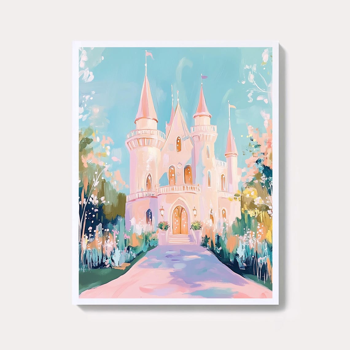 Pink Princess Castle Watercolor Fairytale Kids Room Decor Poster