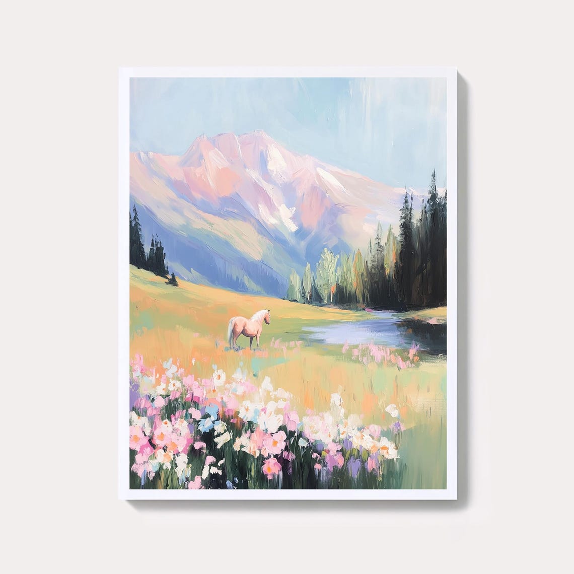 White Horse In Wildflower Meadow With Pink Mountains Pastel Wall Art