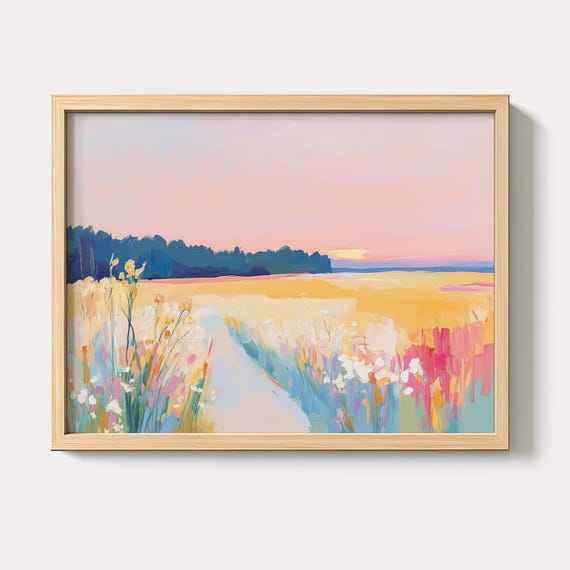 Pastel Field Landscape Painting Whimsical Abstract Art
