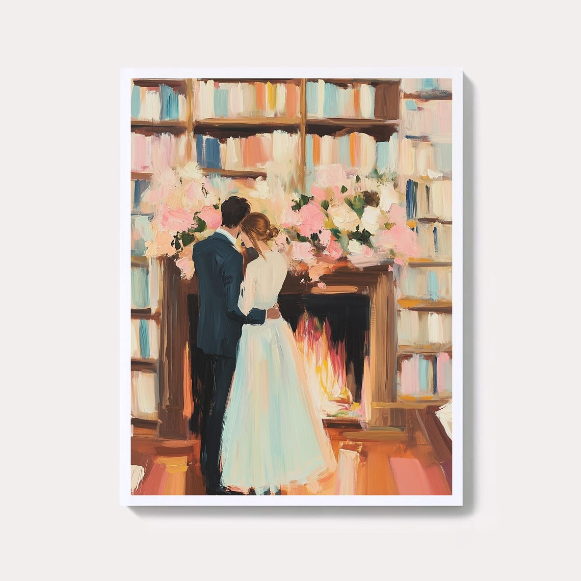 Romantic Library Couple by Fireplace Dark Academia Painting Poster