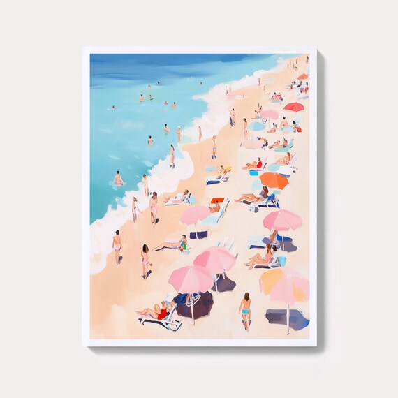 Retro Pastel Beach Day With Umbrellas Crowd Aerial Summer Poster