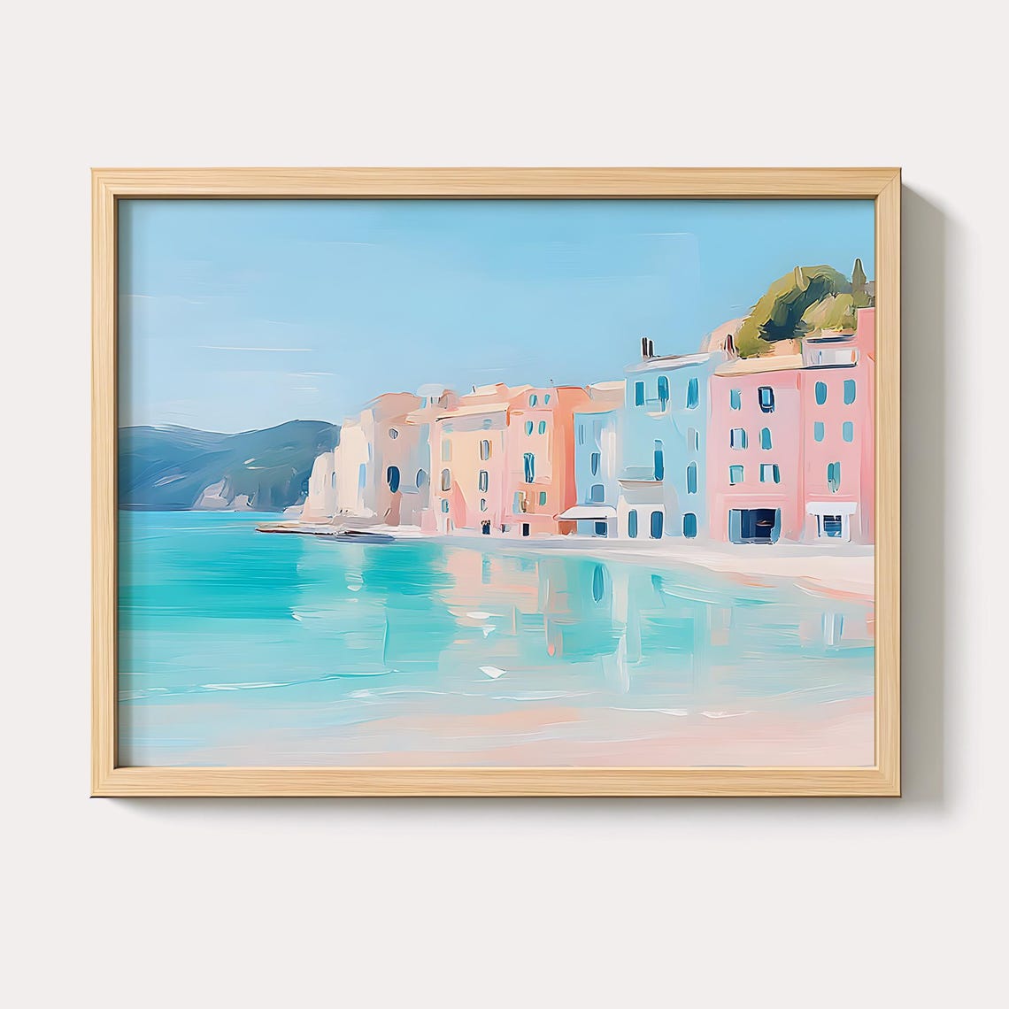 Pastel Italian Seaside Town Reflected on Turquoise Water Poster