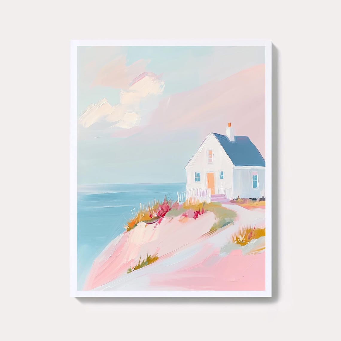 Pastel Beach Cottage Painting On Pink Cliff Overlooking The Sea Poster