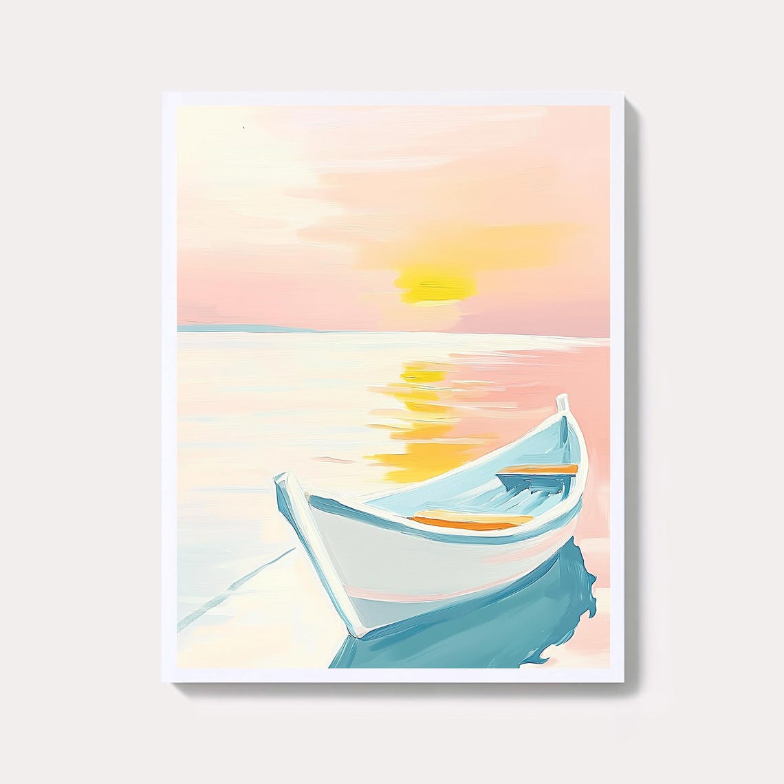 White Rowboat On Calm Sea At Pink Sunset Pastel Coastal Art Poster