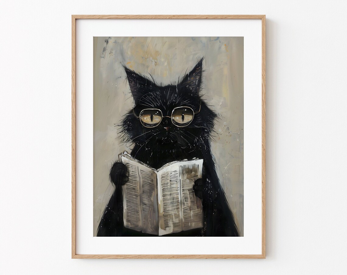 Black Cat With Glasses Reading Newspaper Funny Animal Poster