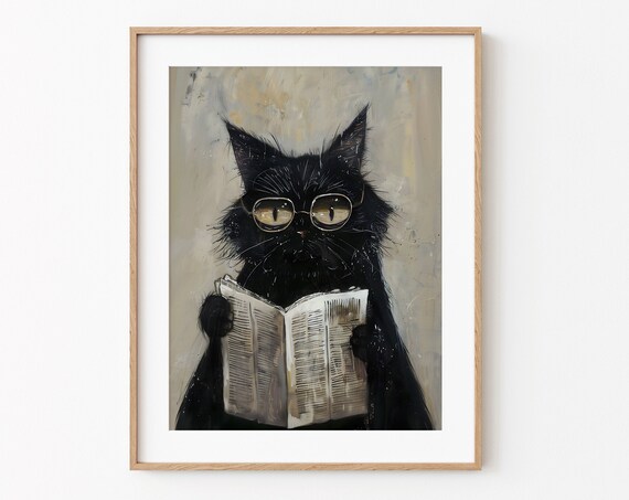 Black Cat With Glasses Reading Newspaper Funny Animal Poster