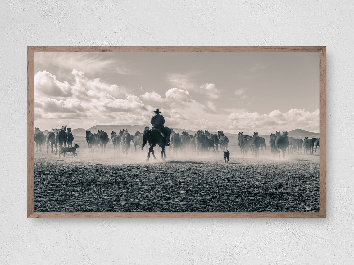 Cowboy Cattle Drive Art Print, Western Decor