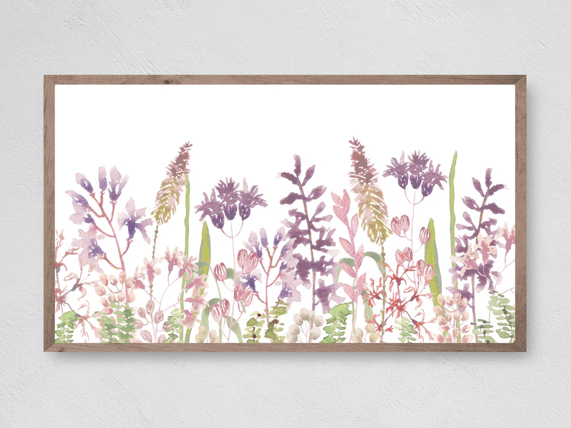 Delicate Watercolor Wildflower Meadow Row Purple Blush Art Print