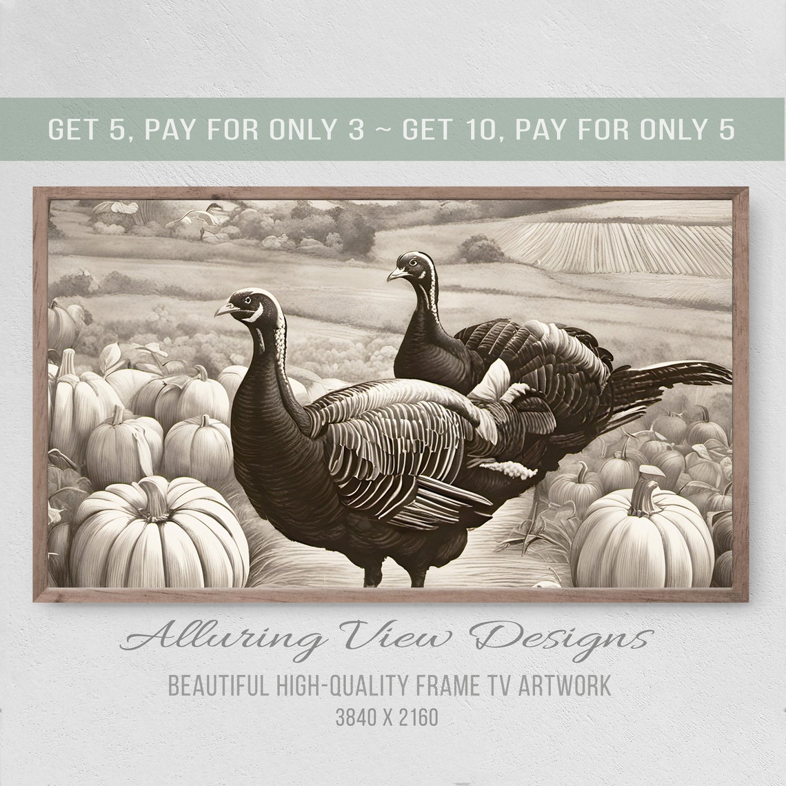 Vintage Turkey Pair In Pumpkin Patch Sepia Thanksgiving Art Print