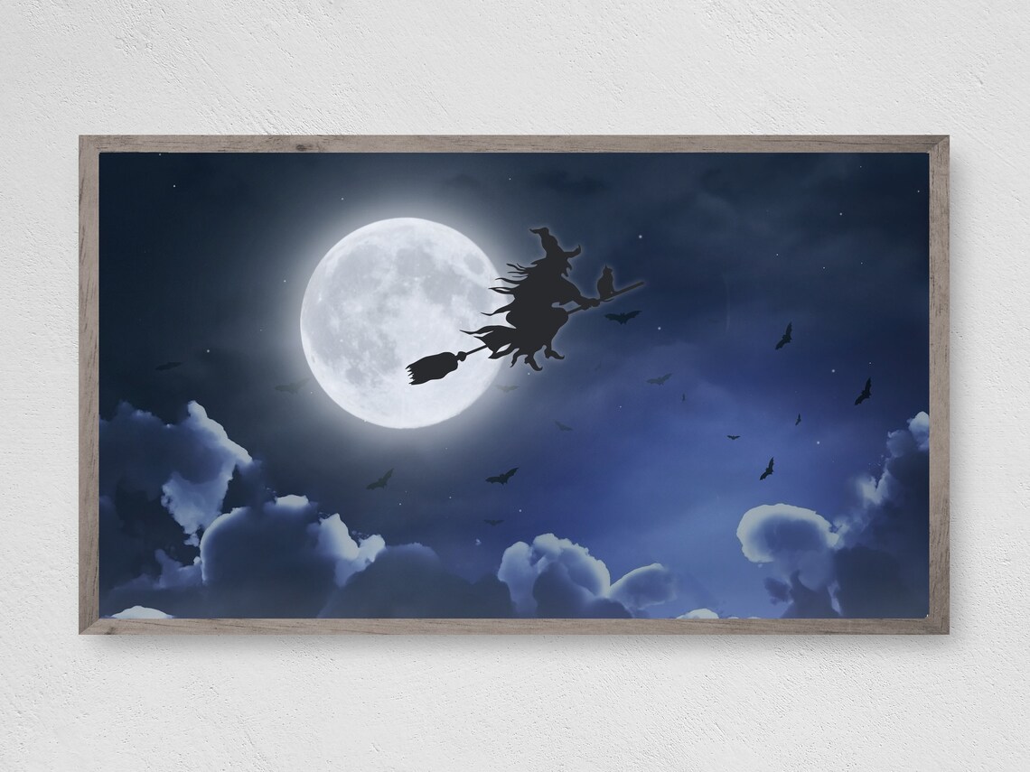Flying Witch Halloween Art Print, Frame TV Decor