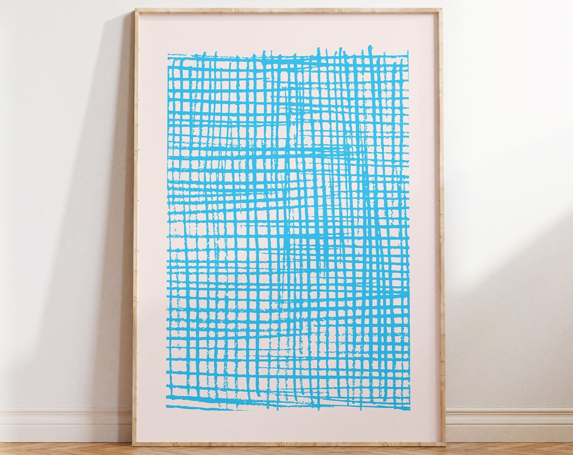 Blue Grid Crosshatch Minimalist Abstract Line Art Poster Modern