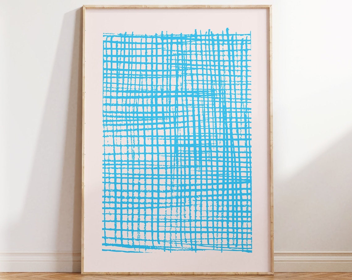 Retro Minimalist Lines Geometric Abstract Check Pattern Living Room Print In Blue And Beige Trendy Art Illustration