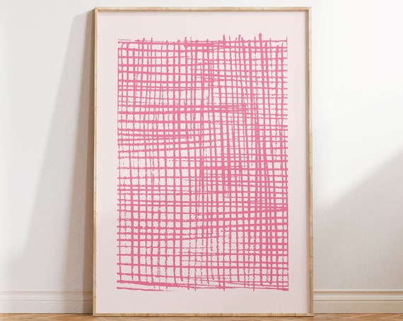 Retro Minimalist Lines Geometric Abstract Check Pattern Living Room Print In Pink And Beige Trendy Art Illustration