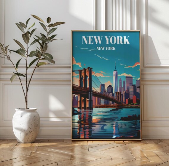 New York City Vintage Travel Poster with Brooklyn Bridge and Skyline Art