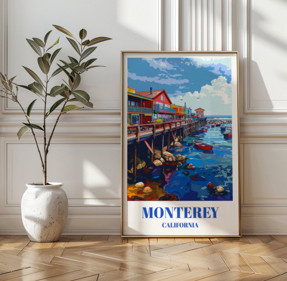 Monterey California Cannery Row Pier Vintage Coastal Travel Poster
