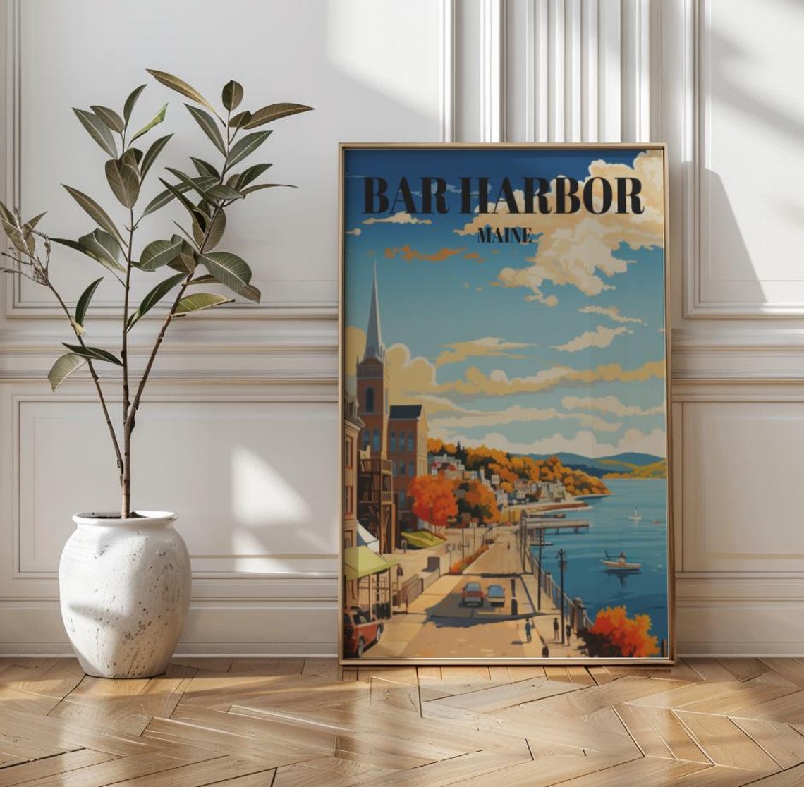 Bar Harbor Maine Vintage Coastal Travel Poster Autumn Harbor View