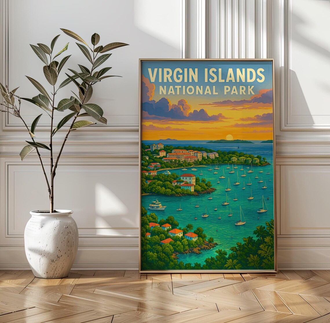 Virgin Islands National Park Vintage Travel Poster Sunset Harbor Sailboats