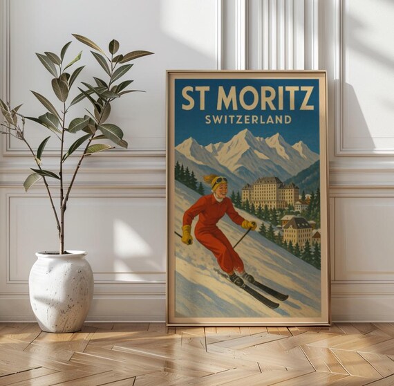 St Moritz Switzerland Alpine Vintage Ski Resort Travel Poster