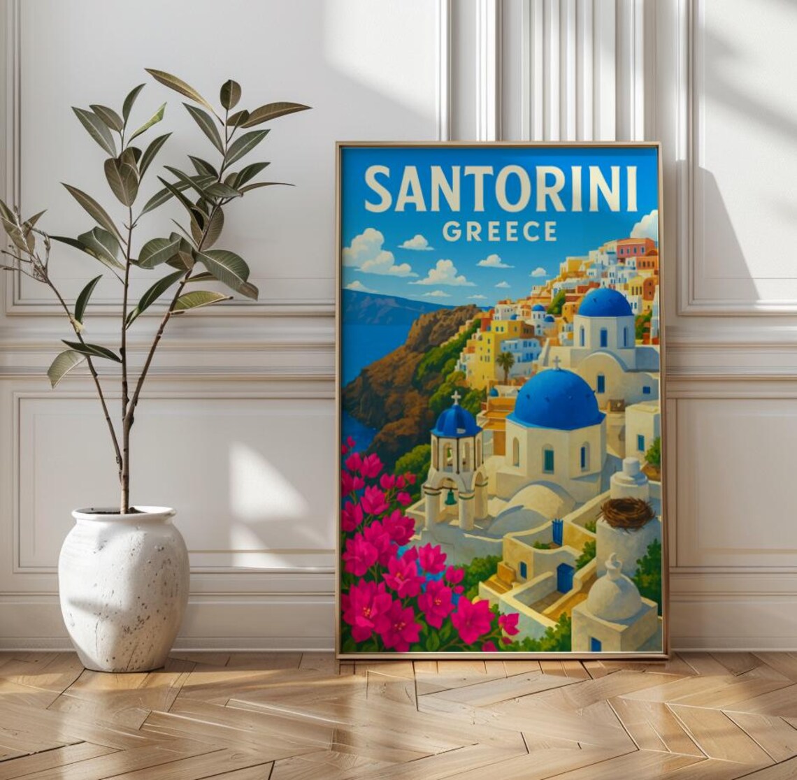 Santorini Greece Island Blue Domes Aegean Vintage Travel Poster